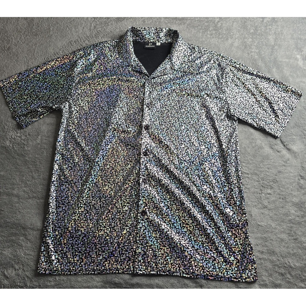 Vintage Positano Shirt Mens XL Silver Club Disco Multicolor Reflection S/S USA